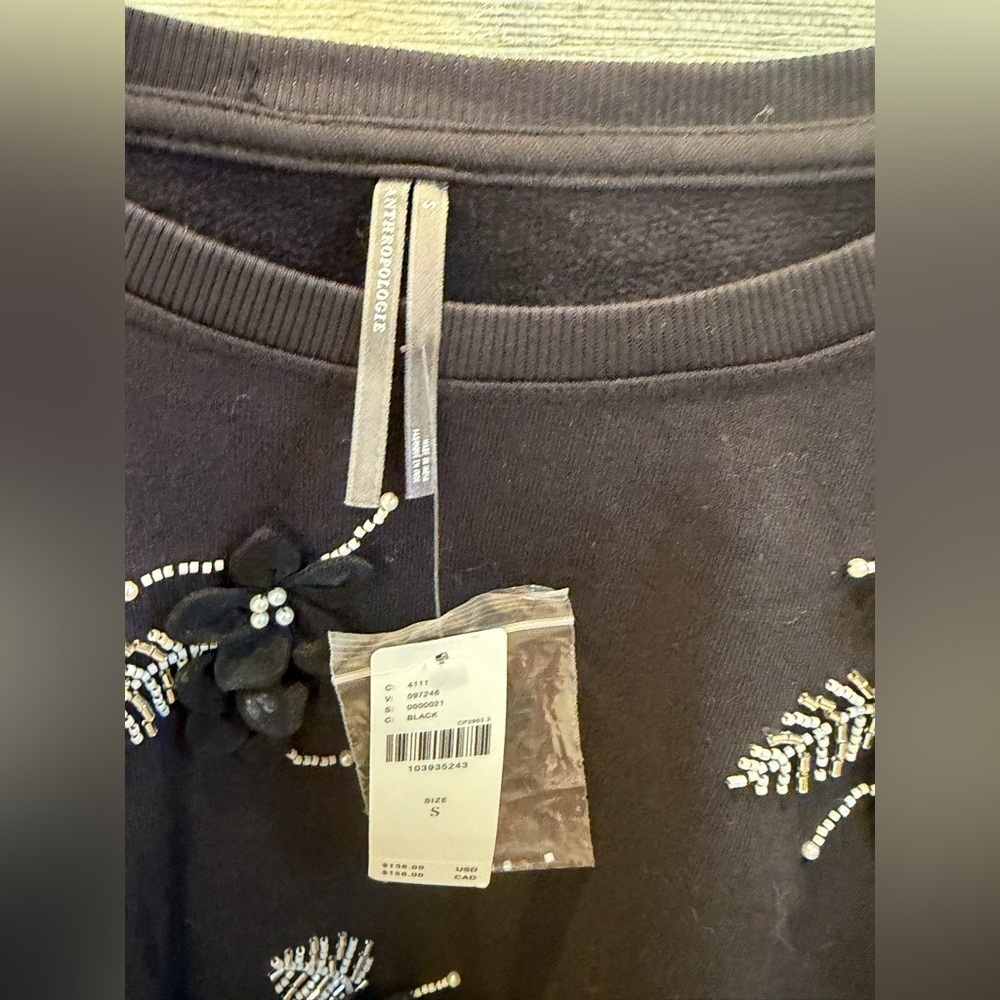 NWT new small Anthropologie Black Embellished Crew-Neck Sweatshirt beaded - Picture 6 of 17